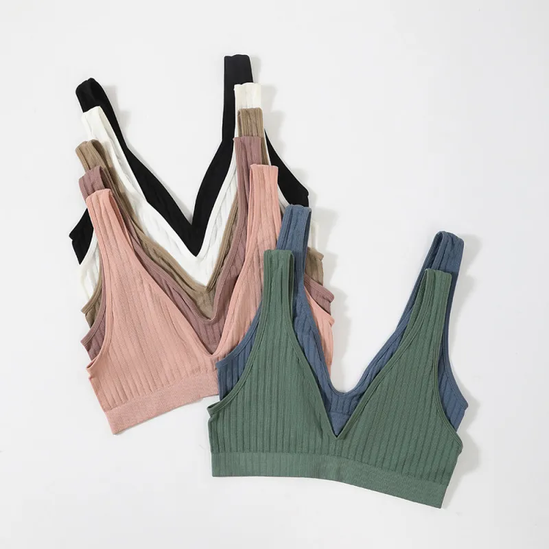 Women Basic Solid Color Rib Knit Sleeveless Bra Without Chest Pad