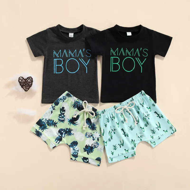 Baby Boys Casual Round Neck Short Sleeve Letter Print T-shirt And Elastic Shorts Set