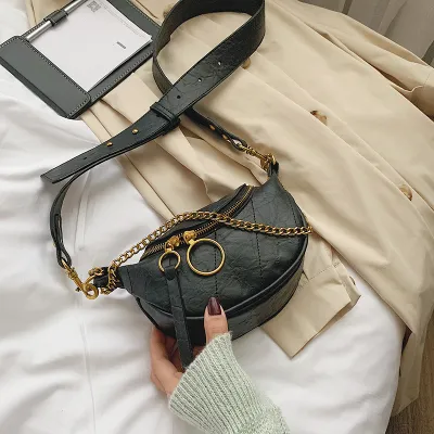 Women Vintage Chain Zipper Design Solid Color PU Chest Bag Crossbody Bag