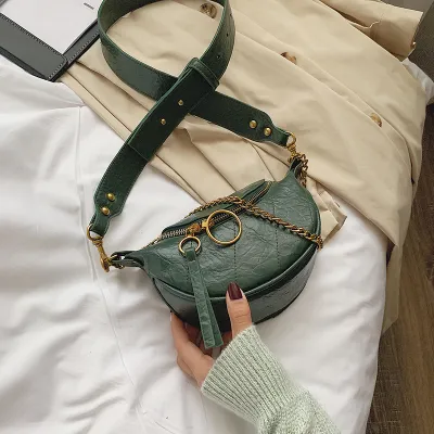 Women Vintage Chain Zipper Design Solid Color PU Chest Bag Crossbody Bag
