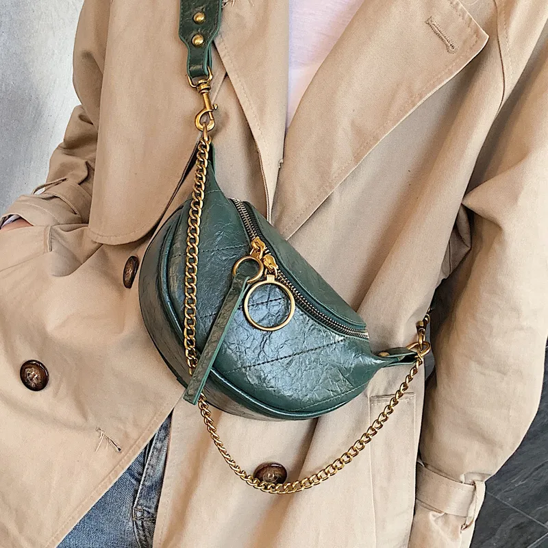 Women Vintage Chain Zipper Design Solid Color PU Chest Bag Crossbody Bag