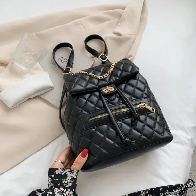 Women Casual Flap Buckle Design Rhombus Stitching PU Backpack