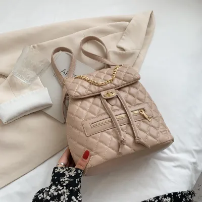 Women Casual Flap Buckle Design Rhombus Stitching PU Backpack