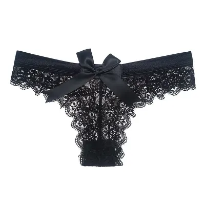 Women Sexy Solid Color Bow Knot Lace See-through T-back Panties