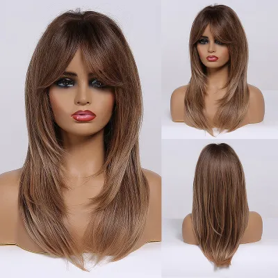 Multi-Color Optional Gradient Golden Black And Brown Medium Long Straight Hair Wig