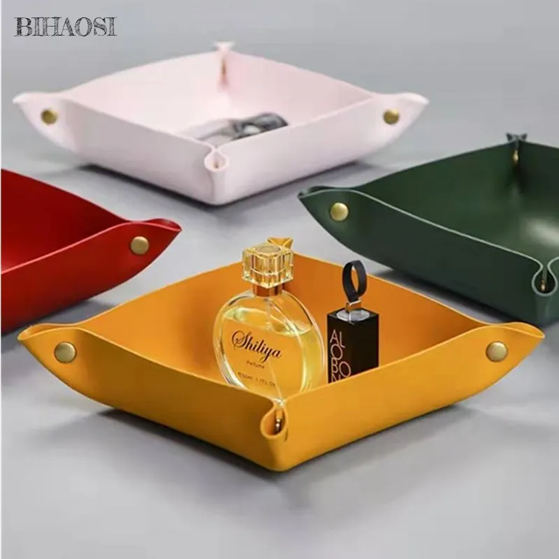 PU Leather Folding Desktop Storage Tray Box for Home Decoration