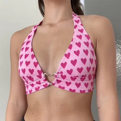Women Edgy Sweetheart Print Halter Neck Crop Tank Top