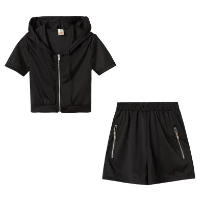Women Athleisure Basic Solid Color Short Sleeves Zipper Hooded And Shorts Two-Piece Set