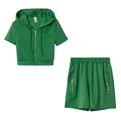Women Athleisure Basic Solid Color Short Sleeves Zipper Hooded And Shorts Two-Piece Set