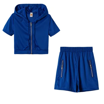 Women Athleisure Basic Solid Color Short Sleeves Zipper Hooded And Shorts Two-Piece Set