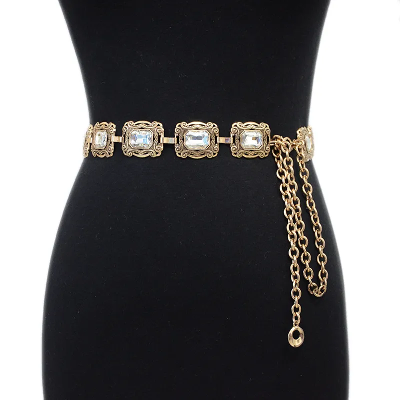 Women's Exquisite Engraved Crystal Decoration Dress Metal Chain Belt