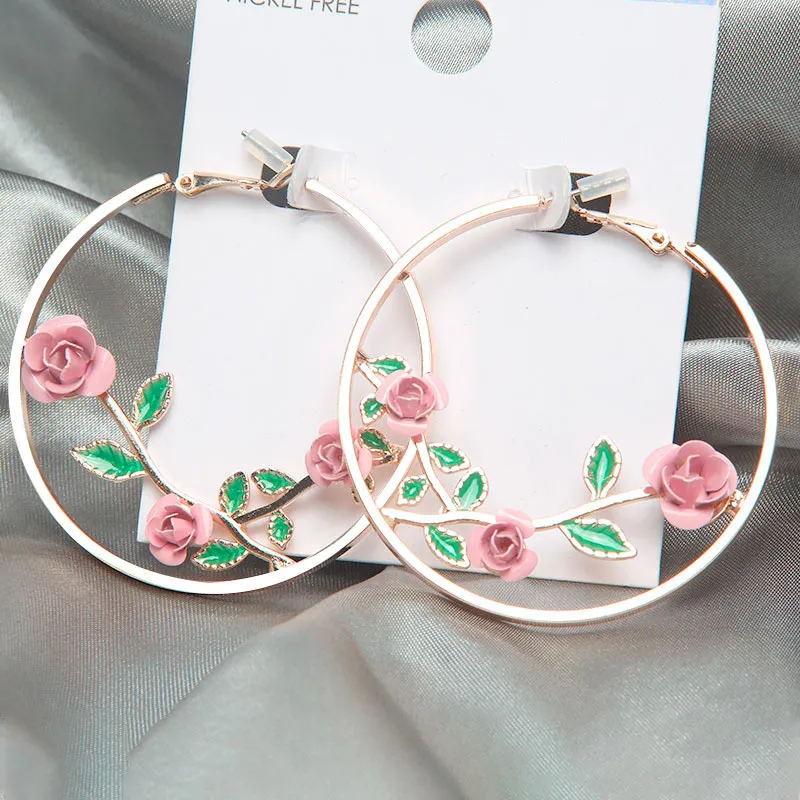 Women Vintage Flower Design Hoop Drop Earrings