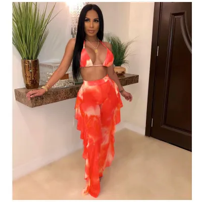Women Sexy Bohemian Mesh Bandage Halter Neck Crop Camisole And See-Through Ruffled Pants Two-Piece Set (With Panty)