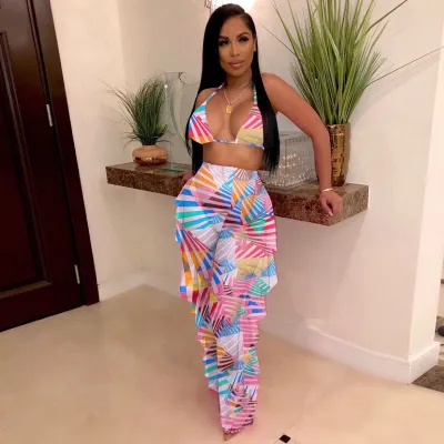 Women Sexy Bohemian Mesh Bandage Halter Neck Crop Camisole And See-Through Ruffled Pants Two-Piece Set (With Panty)