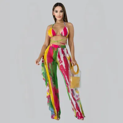 Women Sexy Bohemian Mesh Bandage Halter Neck Crop Camisole And See-Through Ruffled Pants Two-Piece Set (With Panty)