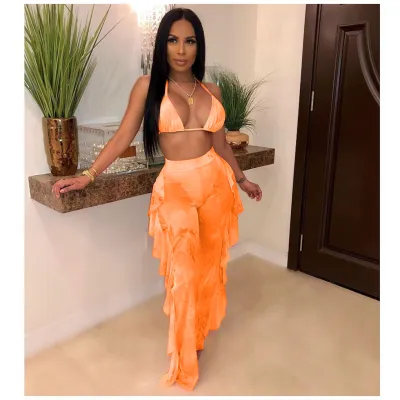 Women Sexy Bohemian Mesh Bandage Halter Neck Crop Camisole And See-Through Ruffled Pants Two-Piece Set (With Panty)