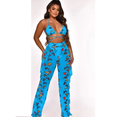 Women Sexy Bohemian Mesh Bandage Halter Neck Crop Camisole And See-Through Ruffled Pants Two-Piece Set (With Panty)