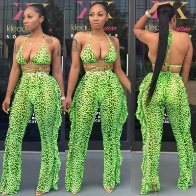 Women Sexy Bohemian Mesh Bandage Halter Neck Crop Camisole And See-Through Ruffled Pants Two-Piece Set (With Panty)