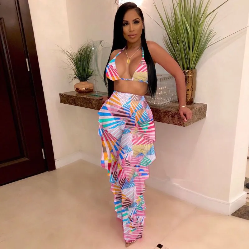 Women Sexy Bohemian Mesh Bandage Halter Neck Crop Camisole And See-Through Ruffled Pants Two-Piece Set (With Panty)