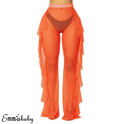 Women Sexy Ruffle Solid Color Mesh See-through Wide Legs Pants