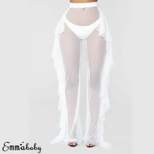 Women Sexy Ruffle Solid Color Mesh See-through Wide Legs Pants