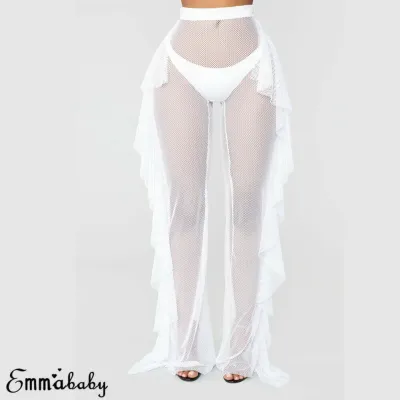 Women Sexy Ruffle Solid Color Mesh See-through Wide Legs Pants