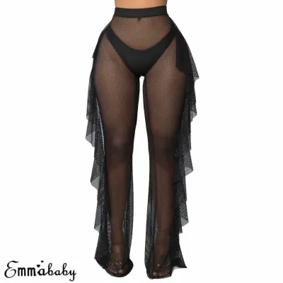 Women Sexy Ruffle Solid Color Mesh See-through Wide Legs Pants