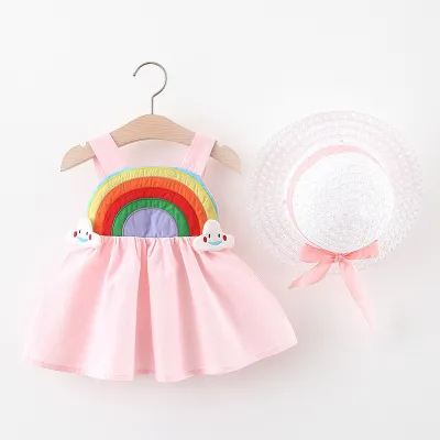 Baby Girls Cute Rainbow Pattern Backless Slip Dress With Hat Princess Style Cotton Baby Girl Summer Outfit