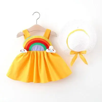 Baby Girls Cute Rainbow Pattern Backless Slip Dress With Hat Princess Style Cotton Baby Girl Summer Outfit