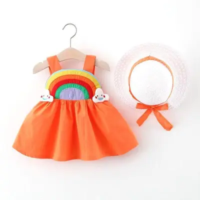 Baby Girls Cute Rainbow Pattern Backless Slip Dress With Hat Princess Style Cotton Baby Girl Summer Outfit