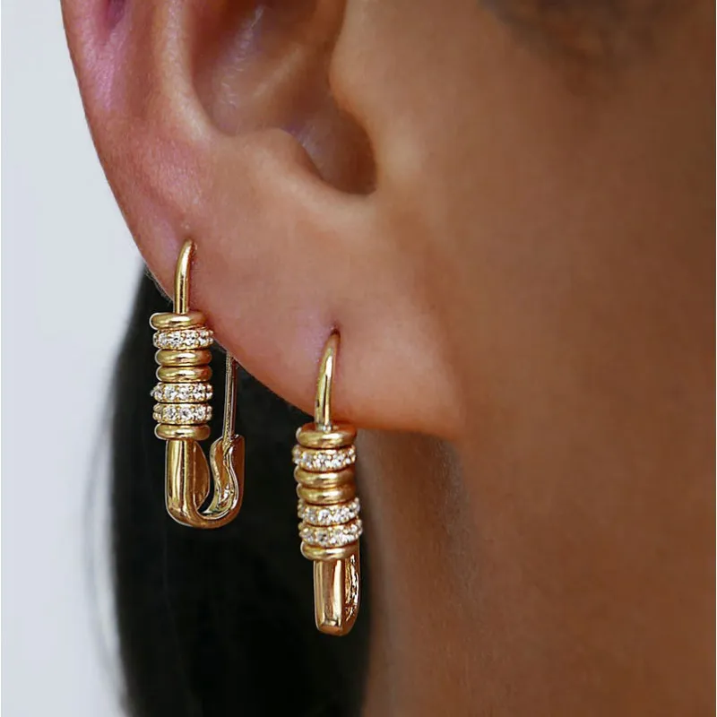 Women Unique Rhinestone Pin Shaped Metal Drop Earrings