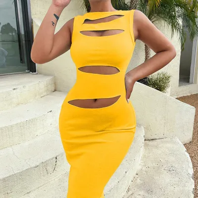 Women Night Out Sexy Cut Out Irregular Solid Color Sleeveless Dress Summer