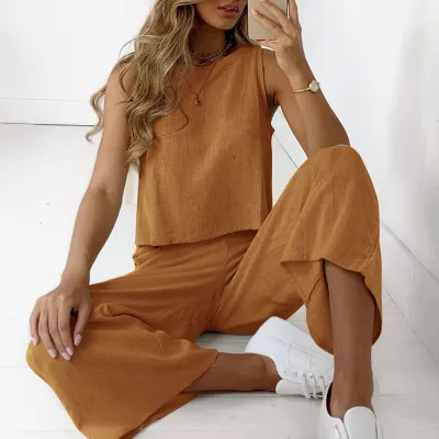 Summer Women Casual Sleeveless Solid Color Round Neck Tank Top And Loose Wide Leg Pants Two Piece Set