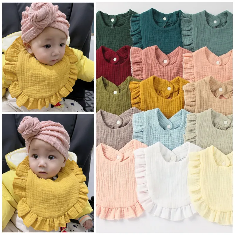 Baby Simple Solid Color Ruffle Cotton Bib for Unisex Kids Accessories Pure Cotton Drool Bib