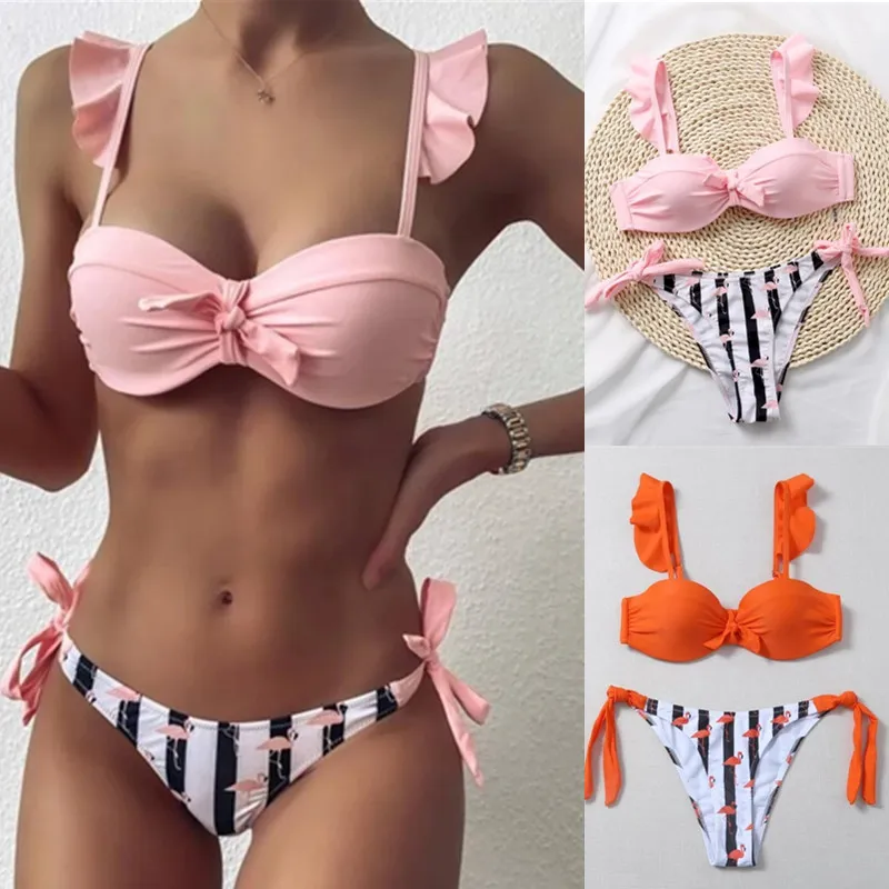 Women Sexy Summer Ruffled Sleeveless Striped Bikini Two Pieces Set