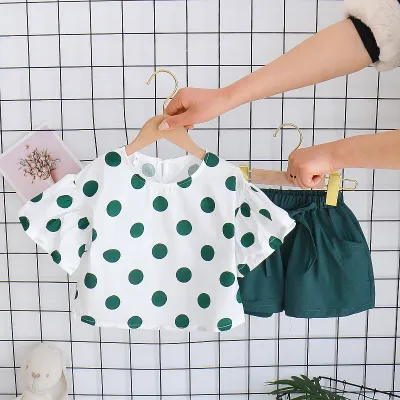 Baby Girls Casual Polka Dot T-Shirt and Elastic Shorts Set, Summer Cotton Pullover Outfit