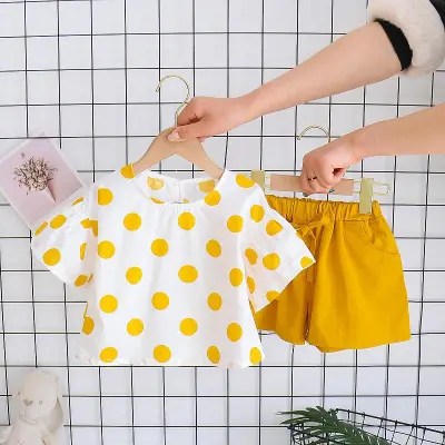 Baby Girls Casual Polka Dot T-Shirt and Elastic Shorts Set, Summer Cotton Pullover Outfit