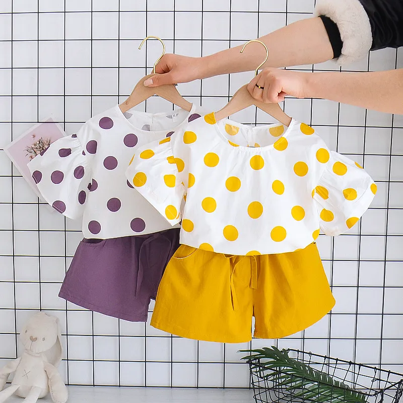 Baby Girls Casual Polka Dot T-Shirt and Elastic Shorts Set, Summer Cotton Pullover Outfit