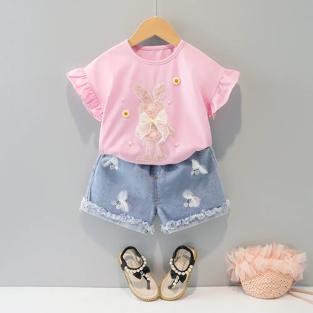Baby Girls Round Neck Ruffled Sleeve Cartoon Rabbit Pattern Cotton T-shirt And Elastic Denim Shorts Set Summer Fashion