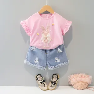 Baby Girls Round Neck Ruffled Sleeve Cartoon Rabbit Pattern Cotton T-shirt And Elastic Denim Shorts Set Summer Fashion
