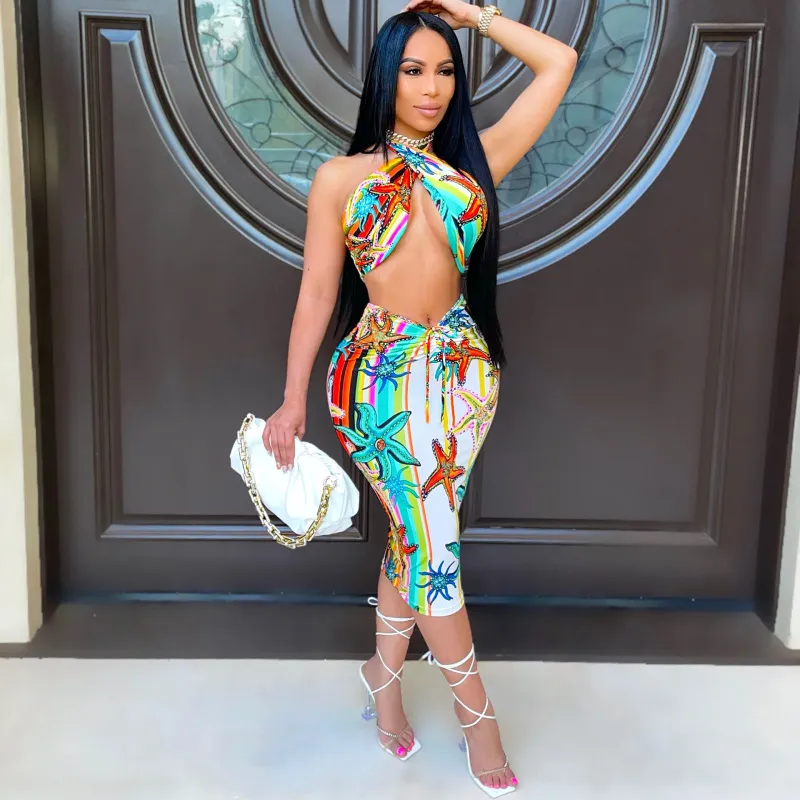 Women Sexy Vintage Halter Neck Crop Tank Top And Bodycon Skirt Set