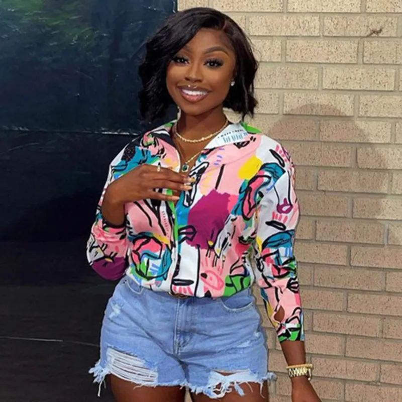 Women Casual Graffiti Print Long Sleeve Lapel Blouse