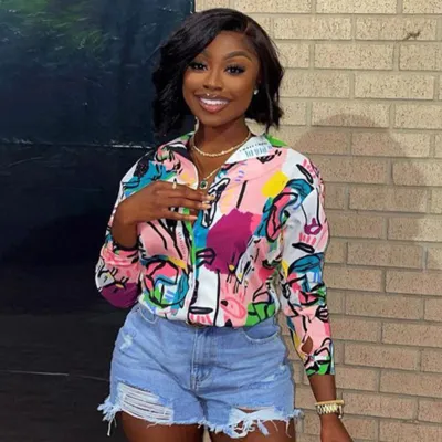 Women Casual Graffiti Print Long Sleeve Lapel Blouse