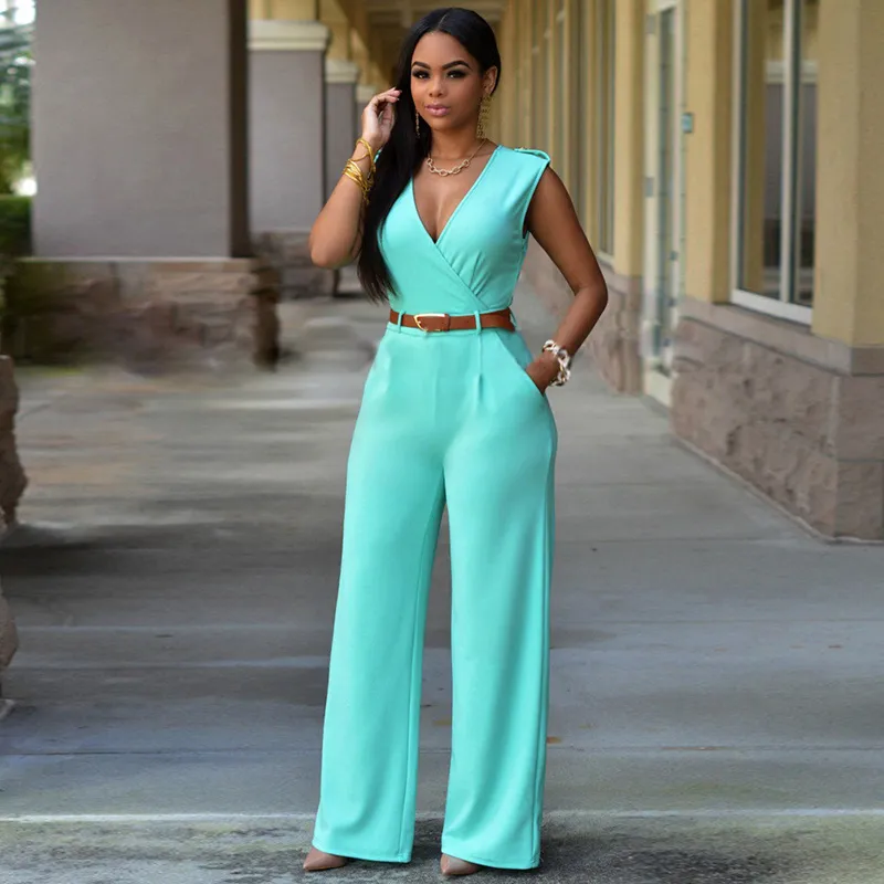 Women Elegant Office High Waist V Neck Sleeveless Solid Color Wide Leg Jumpsuits With Belt