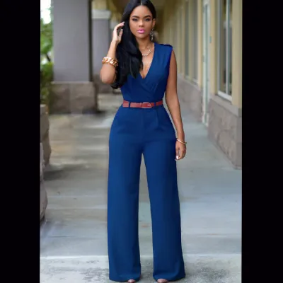 Women Elegant Office High Waist V Neck Sleeveless Solid Color Wide Leg Jumpsuits With Belt