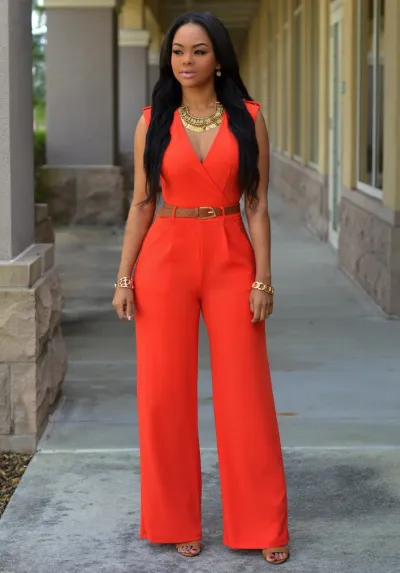 Women Elegant Office High Waist V Neck Sleeveless Solid Color Wide Leg Jumpsuits With Belt