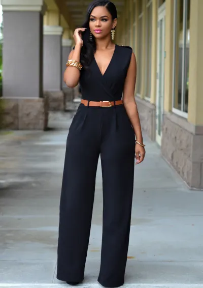 Women Elegant Office High Waist V Neck Sleeveless Solid Color Wide Leg Jumpsuits With Belt