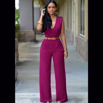Women Elegant Office High Waist V Neck Sleeveless Solid Color Wide Leg Jumpsuits With Belt