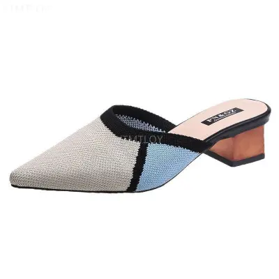 Women Fashion Sexy Summer Knit Mesh Pointed Toe Chunky Heel Mules Slip On Shoes