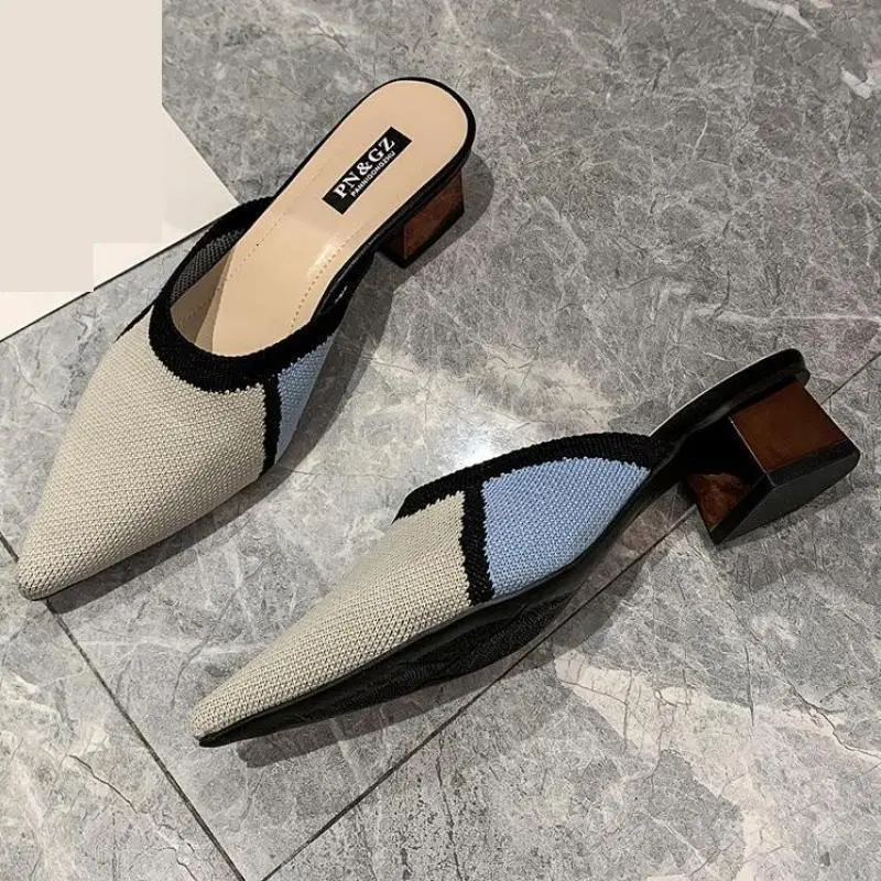 Women Fashion Sexy Summer Knit Mesh Pointed Toe Chunky Heel Mules Slip On Shoes
